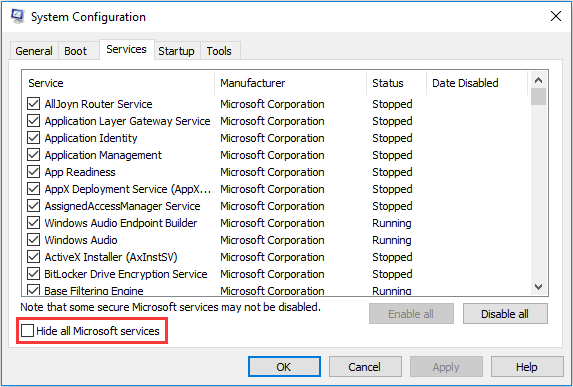 hide all Microsoft services in System Configuration