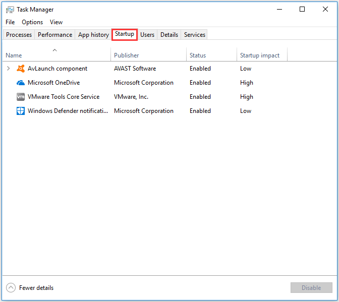 click Startup in the Task Manager window