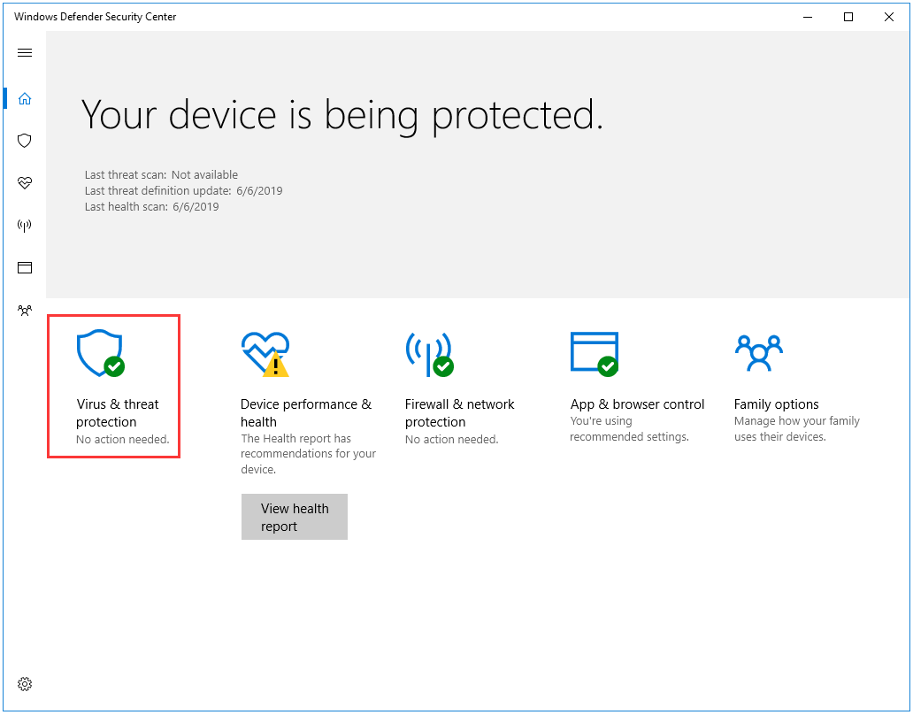 click Virus & threat protection on the Windows Defender Security Center window