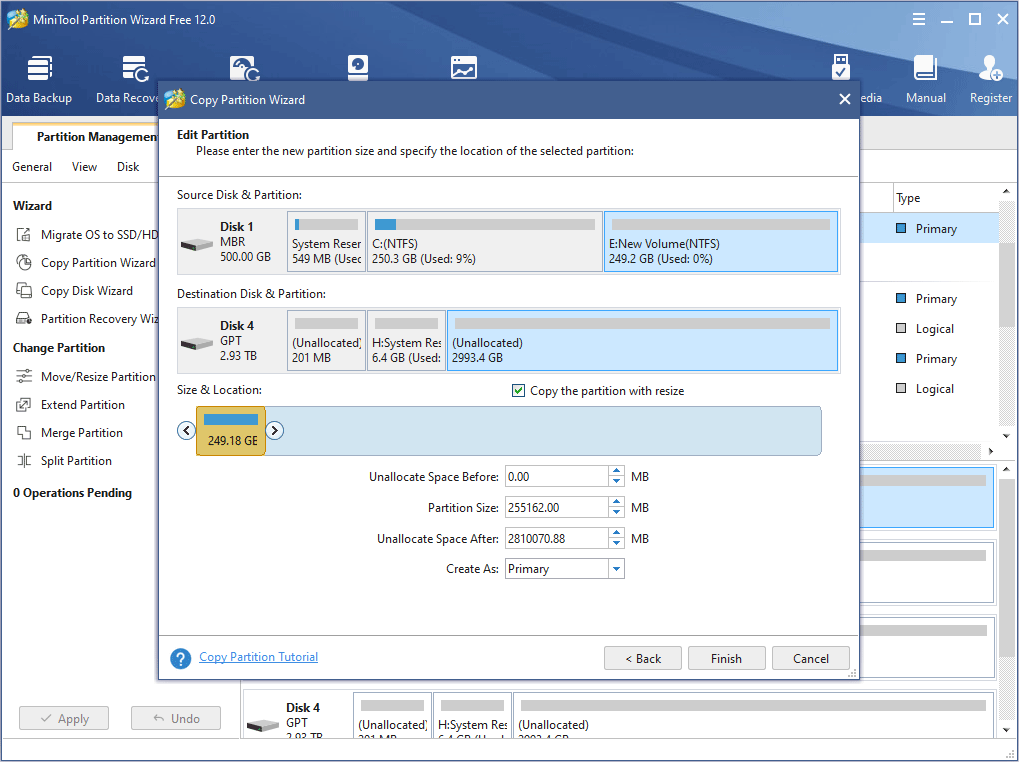 adjust the size and location of the new partition