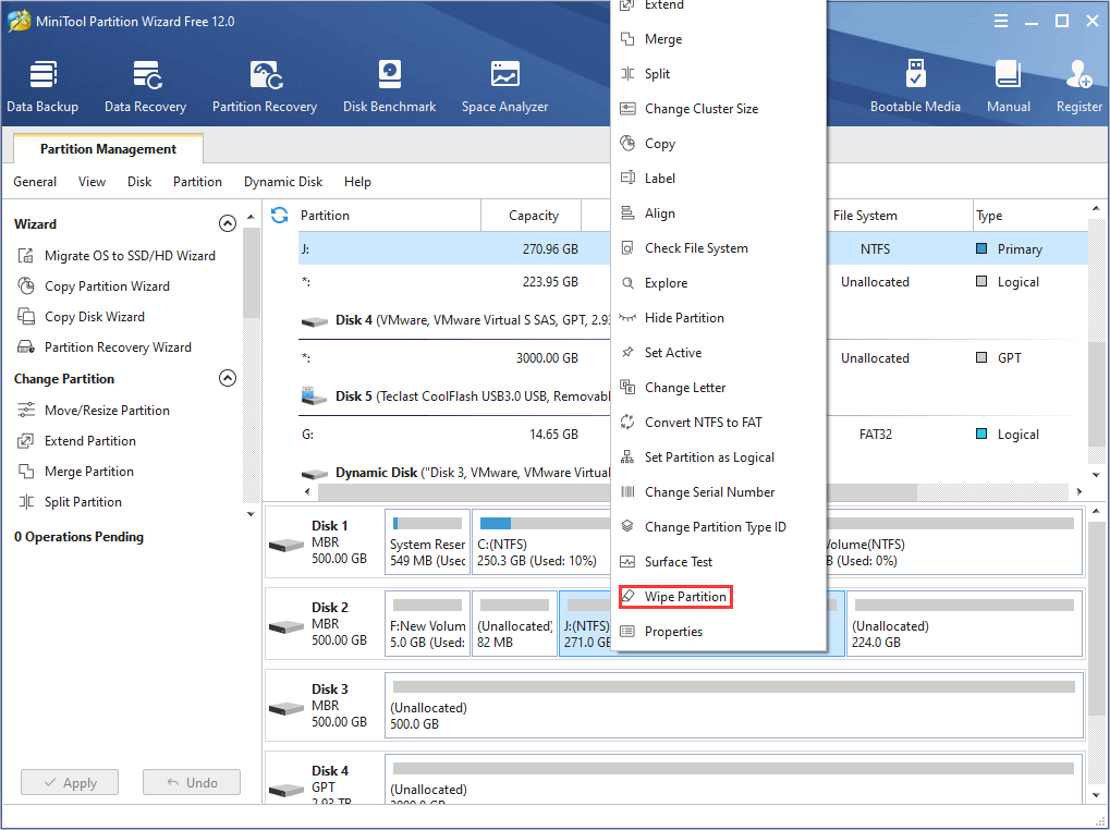 select Wipe Partition in MiniTool Partition Wizard