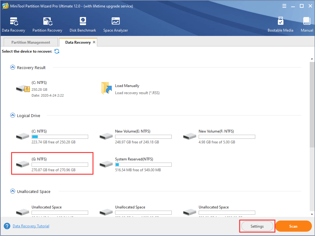 click formatted partition to start scanning