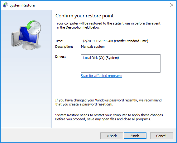 click finish after system restore