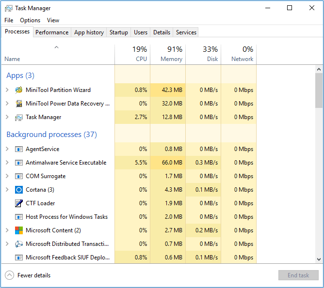 high memory usage on Task Manager