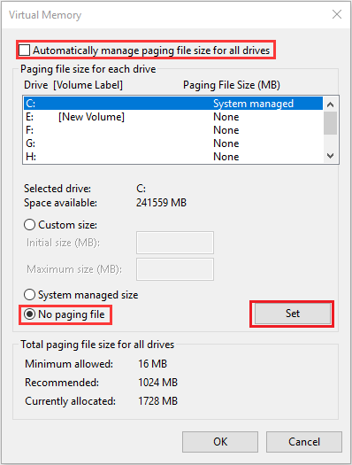 select partition C and then check No paging file, and then click Set to save it