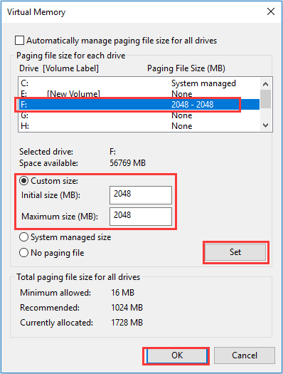 set virtual memory on non-system partition