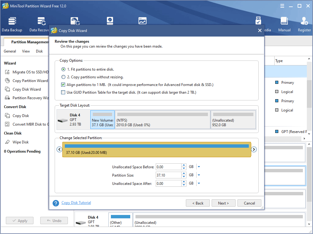 choose copy options and adjust disk layout
