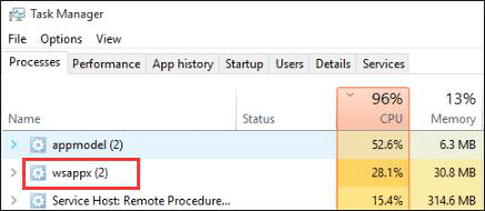 Task Manager shows that wsappx takes high disk usage