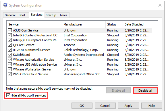 click Hide all Microsoft services and Disable all
