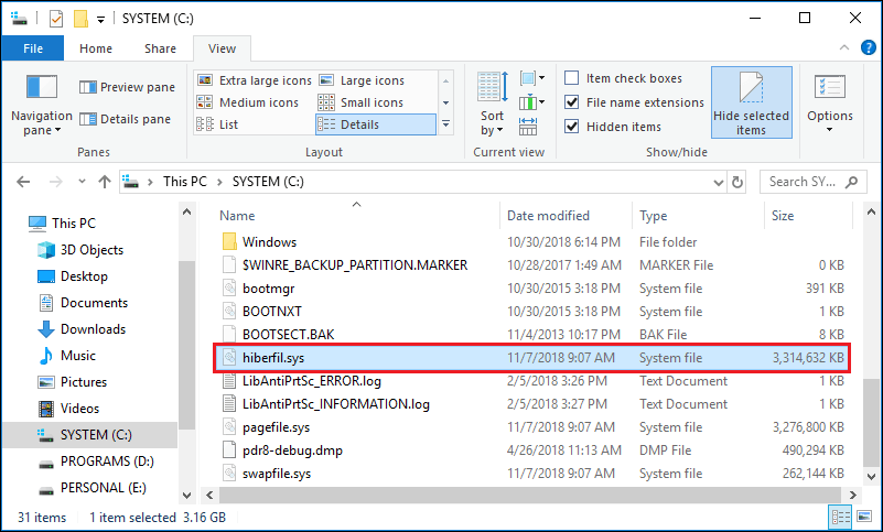 hiberfil.sys in Windows 10