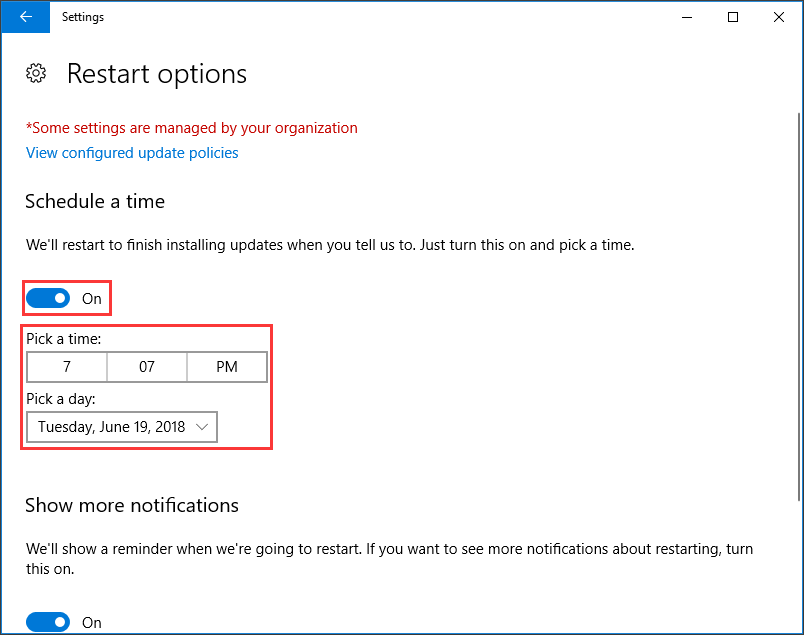 schedule a time to delay Windows 10 update during restart