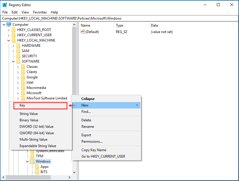 add a new Windows key in the Windows folder