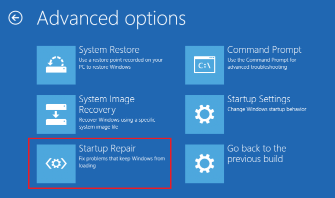 click Startup Repair in the Advanced Options