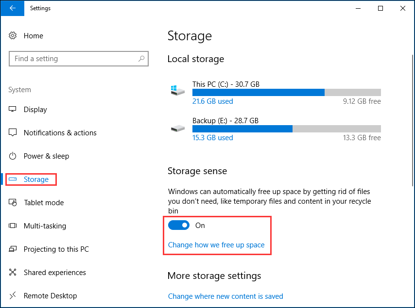 turn on Storage Sense in Windows 10