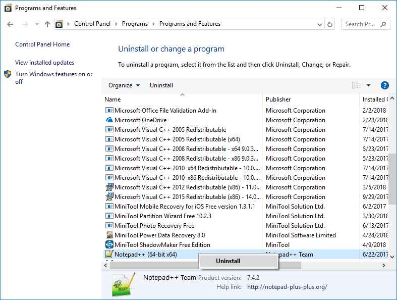 select a program to uninstall