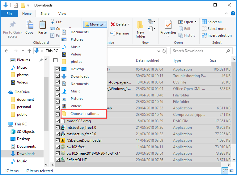 select files and then click Choose location under Move to