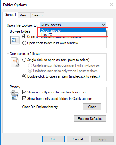 choose Quick Access or This PC to open File Explorer to
