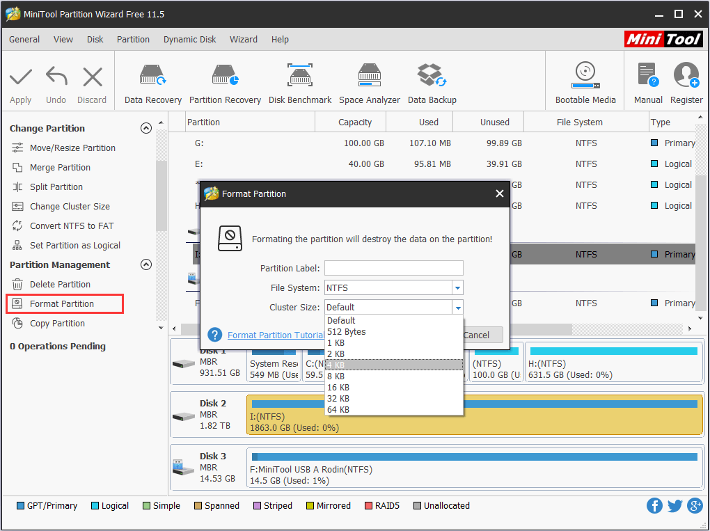 format partition to change cluster size