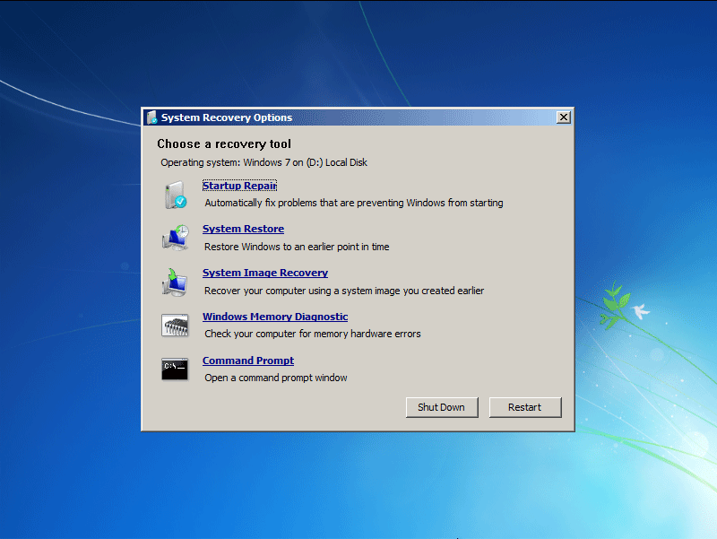 choose Command Prompt in Windows 7 pre-installation environment