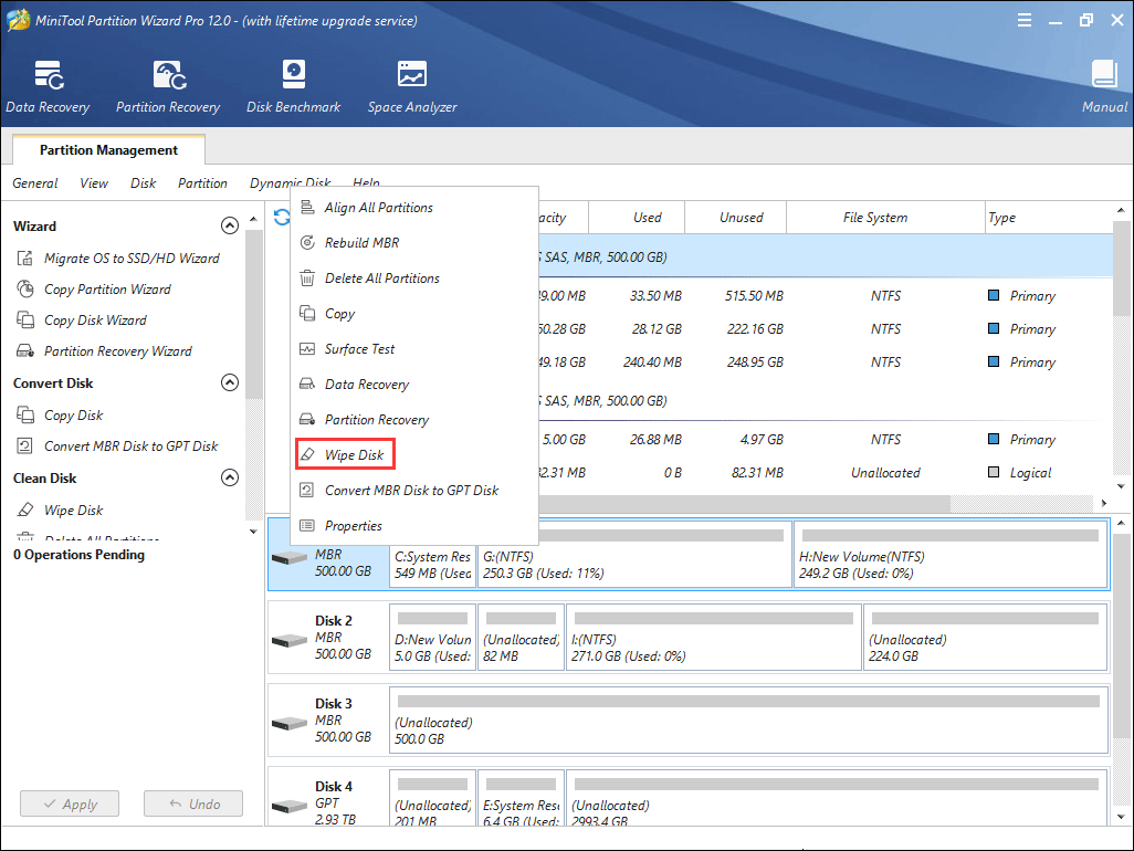 select Wipe Disk in MiniTool Partition Wizard