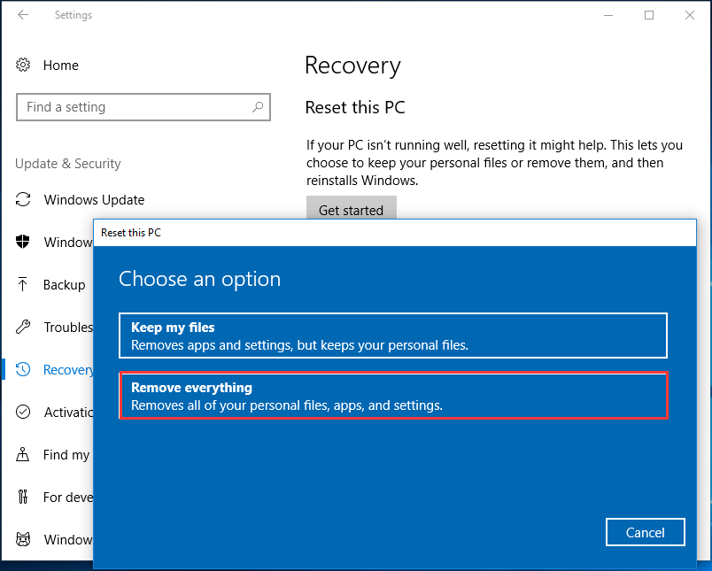reset this PC remove everything