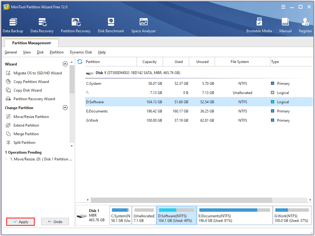 click Apply to resize the selected partition