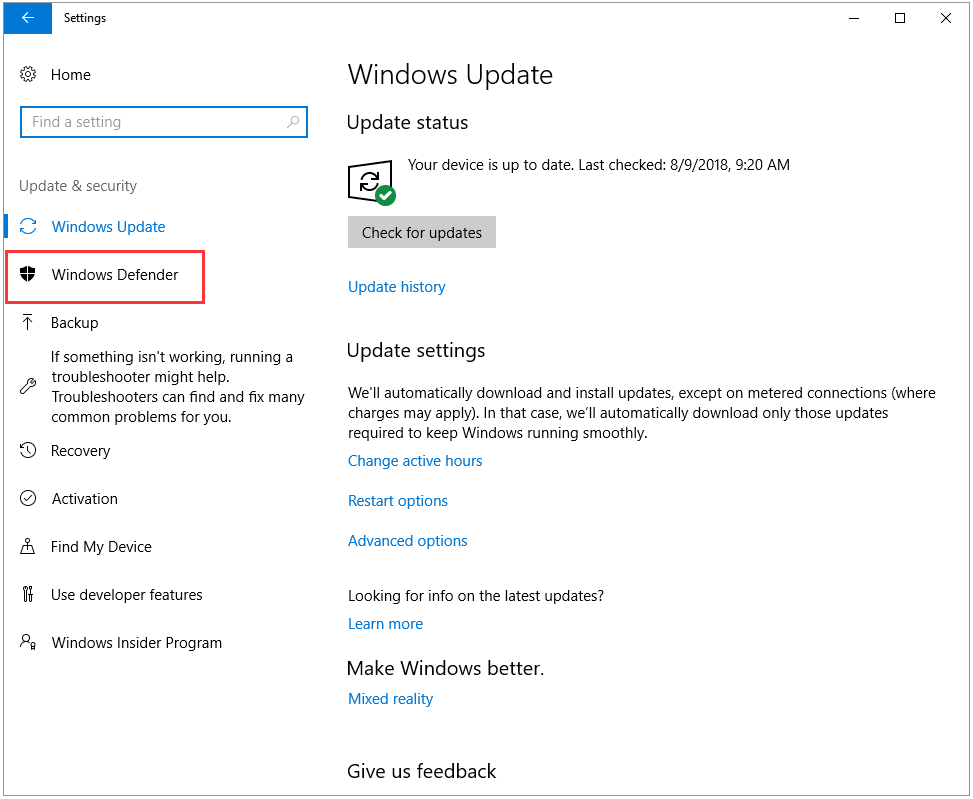 click the Windows Defender from the left panel