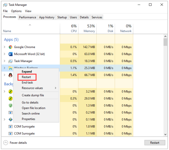 choose the Restart option to restart Windows Explorer