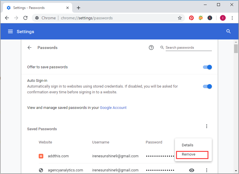 remove saved passwords Chrome