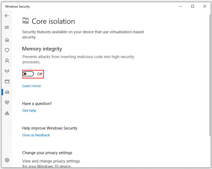 turn on Memory integrity in Windows Security