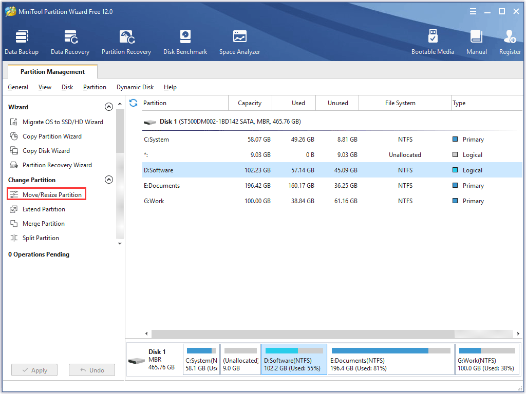 activate the Move/Resize Partition feature