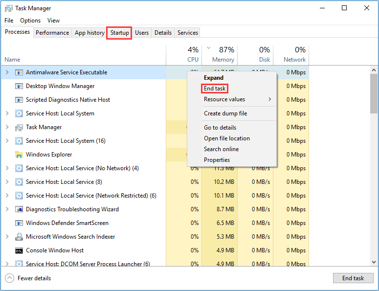 close processes in Task Manager