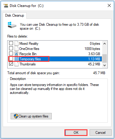 select Temporary files to delete