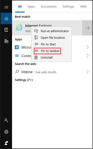 pin Internet Explorer to the taskbar