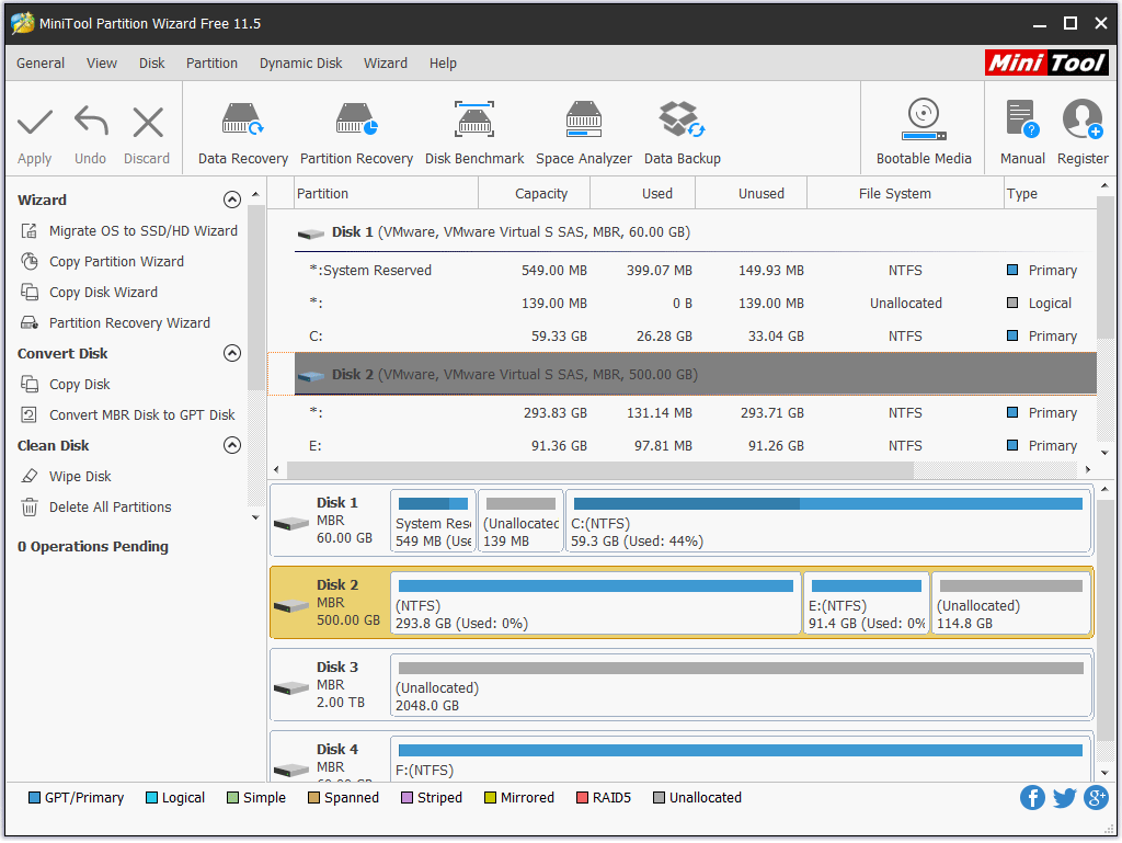 the main interface of MiniTool Partition Wizard Free Edition
