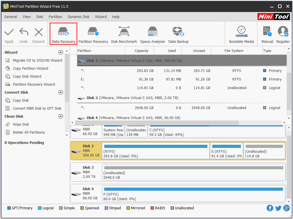 the Data Recovery feature on the main interface of MiniTool Partition Wizard Free Edition
