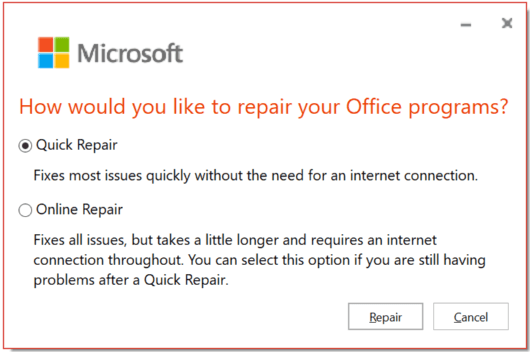 choose a method to repair the Office program