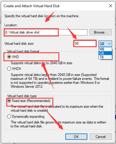 specify the virtual hard disk location on the machine