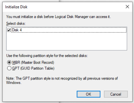 initialize disk as MBR partition style