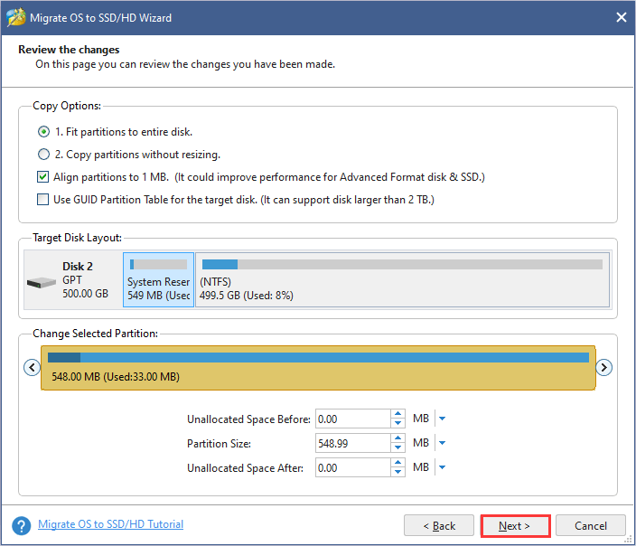 Choose copy method and make changes for the selected partition