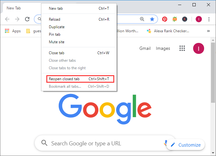 how to reopen a closed tab chrome