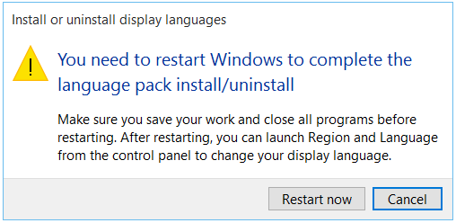 restart computer to uninstall the language