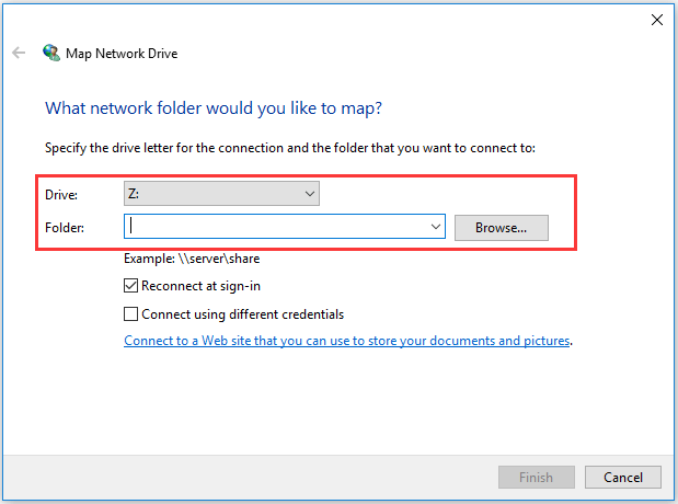 specify the network folder you want to map