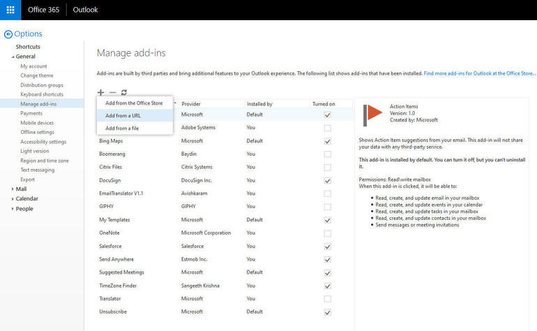 manage add-ins from Office 365 page