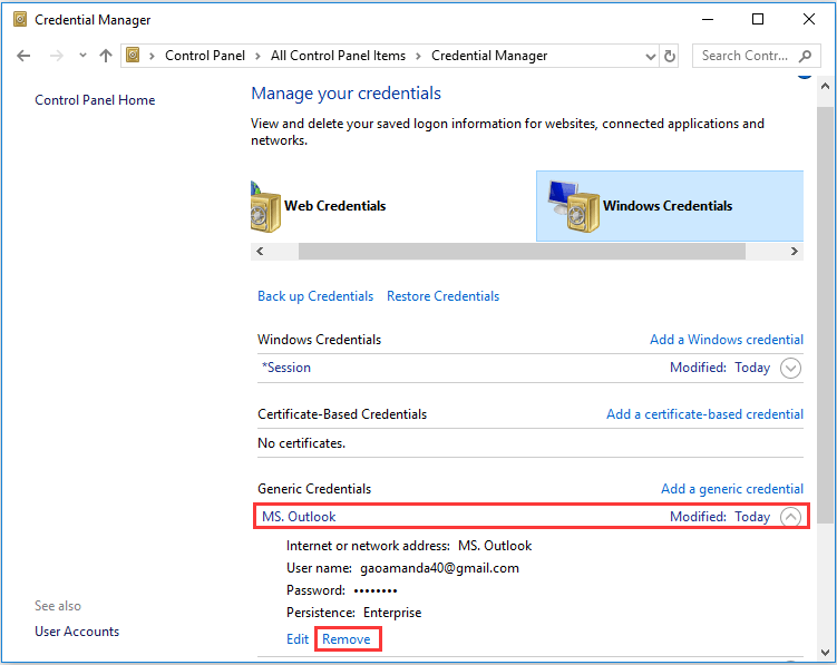 remove credentials that have Outlook in the name