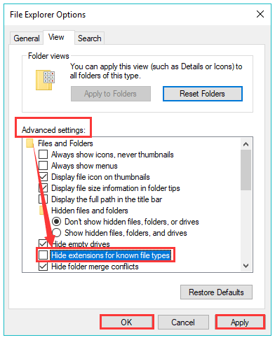 uncheck the Hide extensions for known types option