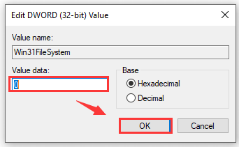 set the value data of Win31FileSystem DWORD as 0