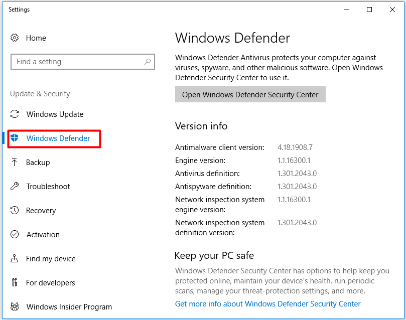 Windows Defender” error