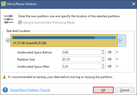 resize the selected partition