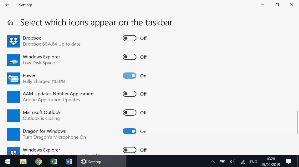 select which icons appear on the taskbar